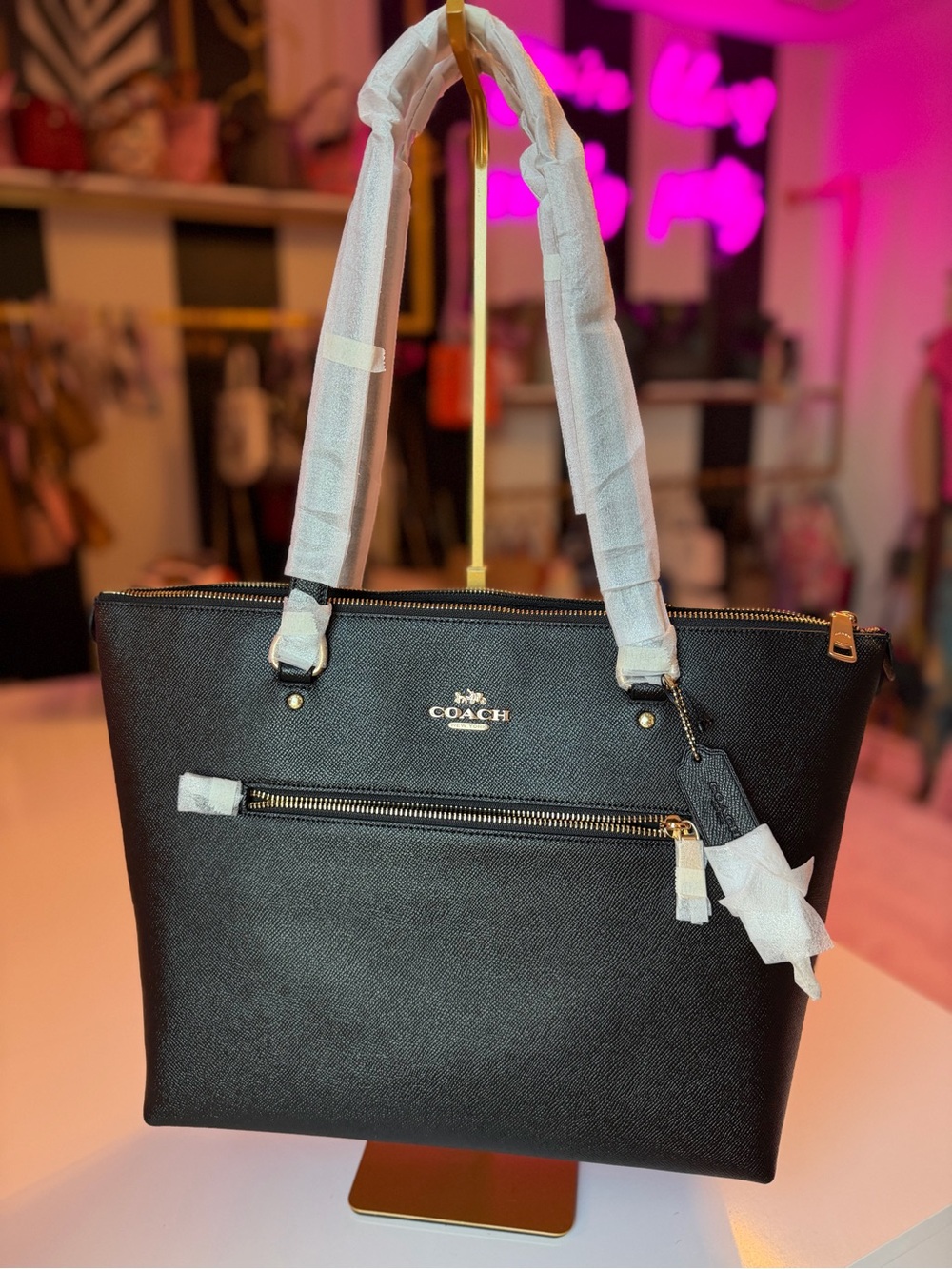 🖤 NWT Coach Crossgrain Leather Gallery Tote F79608 Black Gold Zip Laptop Bag